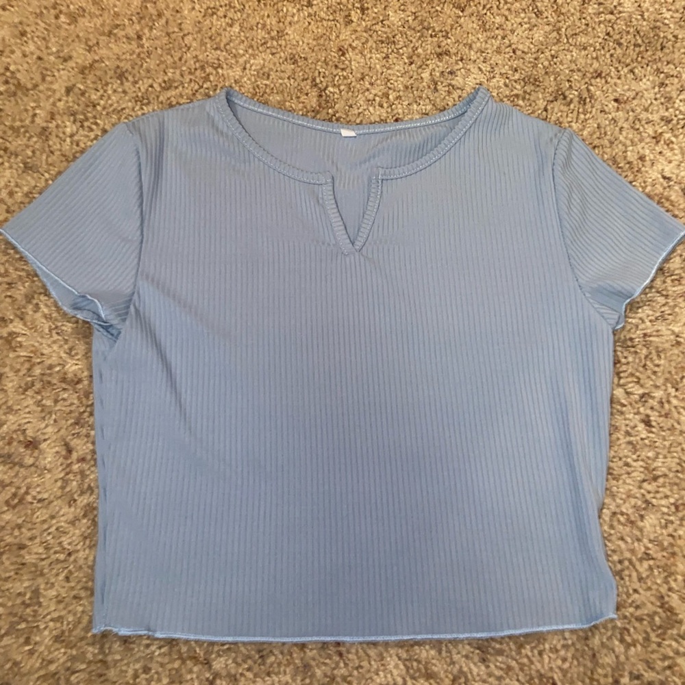 Small Shein Baby Blue Ribbed shirt v neck